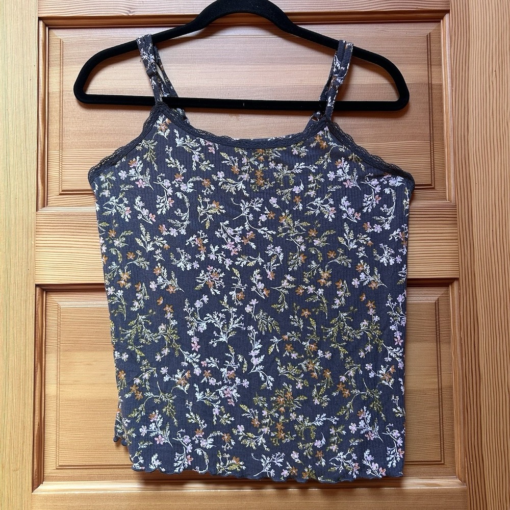 Womens Gray Floral Print Lace Cami Tank Top Plus Size 1X Grunge Fairy Cottage